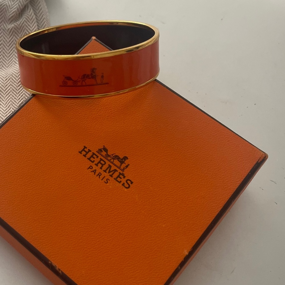 Hermès Caleche Orange Enamel Gold Plated Bangle Bracelet